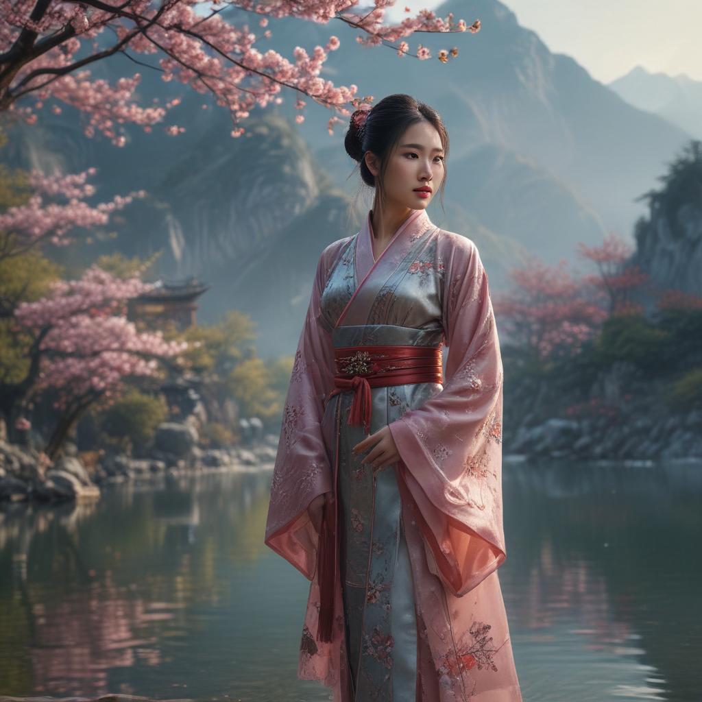 ((masterpiece)),(((best quality))), 8k, high detailed, ultra detailed, A Chinese style masterpiece featuring a beautiful naked woman, traditional Chinese landscape, flowing rivers, cherry blossom trees, misty mountains, serene lake hyperrealistic, full body, detailed clothing, highly detailed, cinematic lighting, stunningly beautiful, intricate, sharp focus, f/1. 8, 85mm, (centered image composition), (professionally color graded), ((bright soft diffused light)), volumetric fog, trending on instagram, trending on tumblr, HDR 4K, 8K