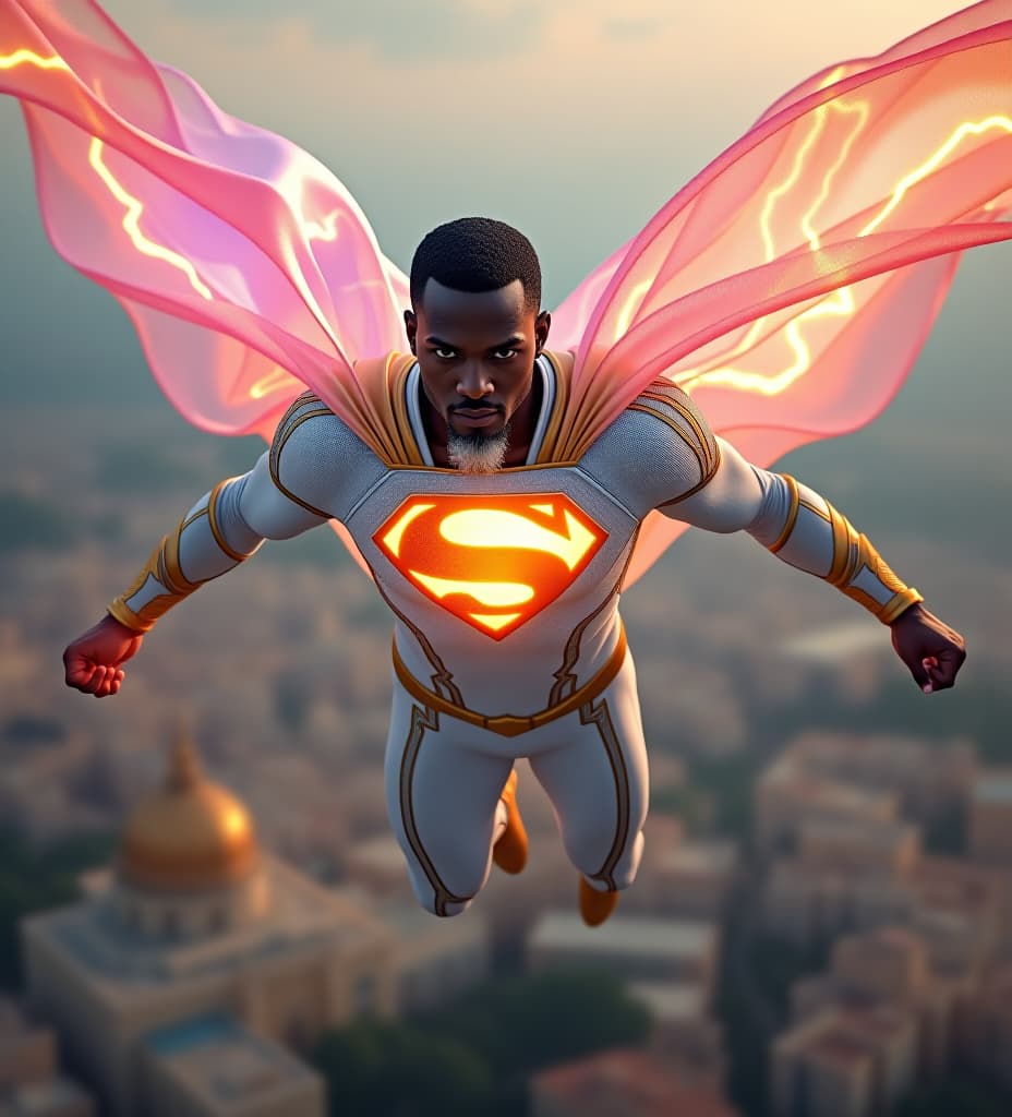  african superman king priest, flying over jerusalem, wearing white, golden, electric blue, magenta, iridescent, translucent, gold mli foil transparent iridescent lightsail cape. suit is white and golden shining energy armor, glowing iridescent gold metallic"s" on chest, super plasma power lightning solar fireball glowing fists. short curly temple fade black hair on head, white platinum goatee beard.