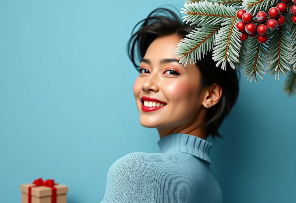  fashion editorial style large pale blue background, a tooth model, a pine branch in frost with berries at the top right, a gift box, christmas tree toys at the bottom left. . high fashion, trendy, stylish, editorial, magazine style, professional, highly detailed