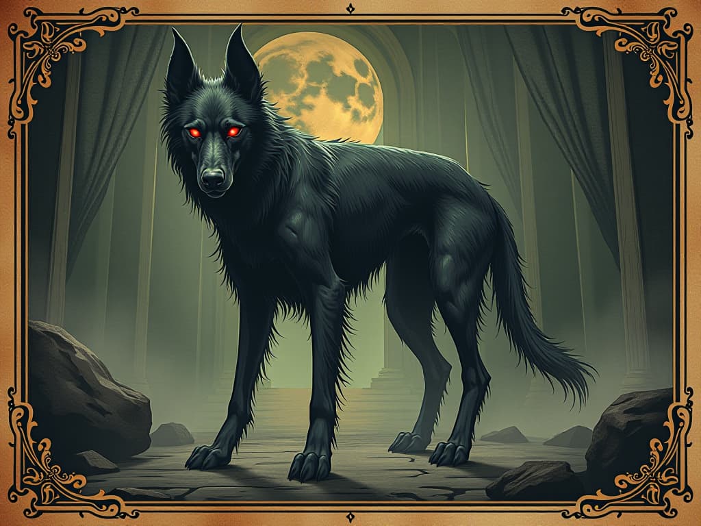  a spectral hound with tattered fur, glowing red eyes, standing in front of a reflective surface, reality twisting around it, dark and ominous. an illustration in the style of a worn, mystical old tarot trump card, mysterious and elements of surrealism. the colors are muted, somber and eerie, but with contrast bring out an occult and esoteric vibe.