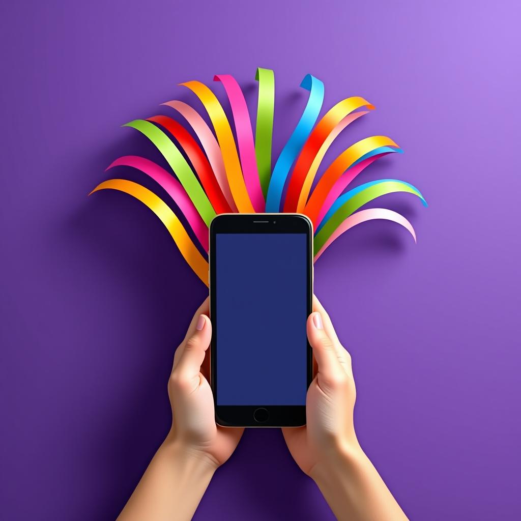  hands holding a smartphone with colorful ribbons bursting out on a purple background.