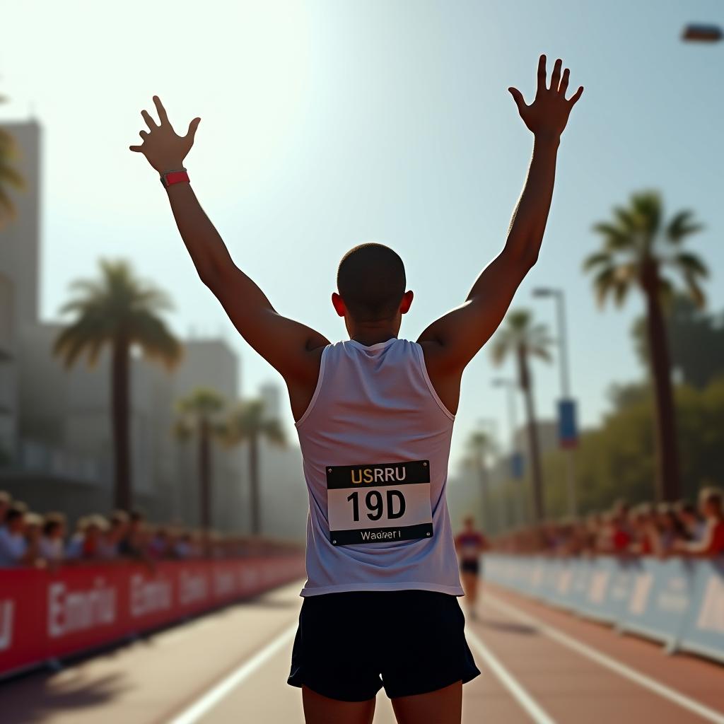  rear view of a victorious athlete raising their arms in celebration at the finish line of a race triumphal