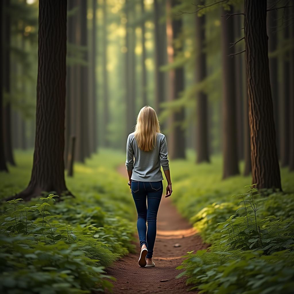  a blonde woman is walking in the forest.