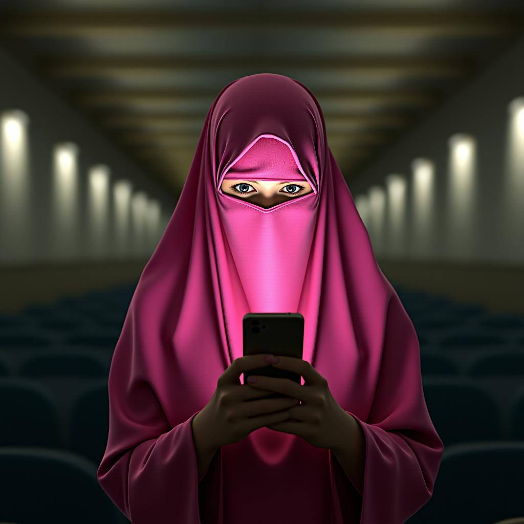  a girl in a pink burqa without a face is looking at her phone.