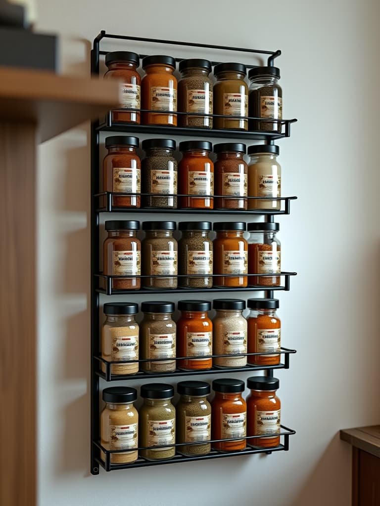  high quality portrait photo of a stylish, vertical magnetic spice rack mounted on a small kitchen wall, with uniformly labeled jars and a variety of colorful spices hyperrealistic, full body, detailed clothing, highly detailed, cinematic lighting, stunningly beautiful, intricate, sharp focus, f/1. 8, 85mm, (centered image composition), (professionally color graded), ((bright soft diffused light)), volumetric fog, trending on instagram, trending on tumblr, HDR 4K, 8K