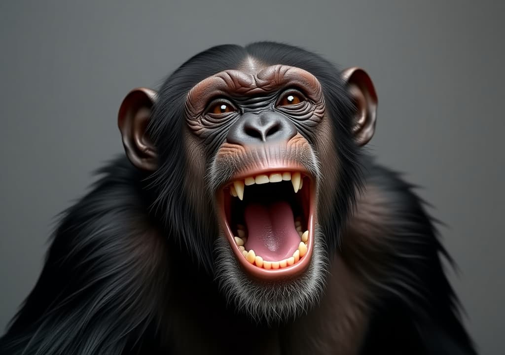  portrait a chimpanzee primate laughing broadly on a gray background