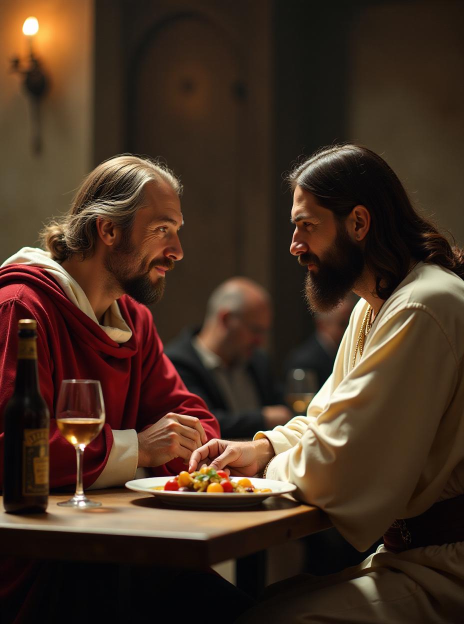  john paul ii and jesus having dinner at a restaurant, high quality, high details, hd, perfect composition, 4k epic detailed, highly detailed, sharp focus, high resolution