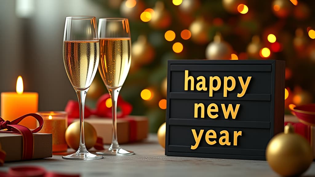  the image depicts a festive new year's scene celebrating the arrival of new year. in the foreground, there are two champagne flutes filled with golden bubbly, placed next to a sign that reads "happy new year" in bold gold letters. surrounding the sign are various christmas decorations, including gold ornaments, candles, and wrapped gifts tied with red and gold ribbons. the background features a christmas tree adorned with golden baubles and warm glowing lights, creating a cozy and celebratory atmosphere. the image is rich with warm colors, particularly golds and yellows, adding to the festive and luxurious feel of the scene.