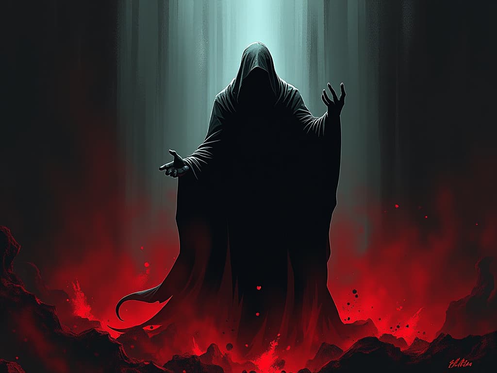  ghostly figure grappling with shadows, sense of conflict and consequence, dark and eerie atmosphere. the style is digital art illustration / modern comic book / graphic dark novel fantasy and mysterious occult, symbolic, moody lighting, esoteric vibe,high detail on character design. for the color scheme emphasize blacks and reds.