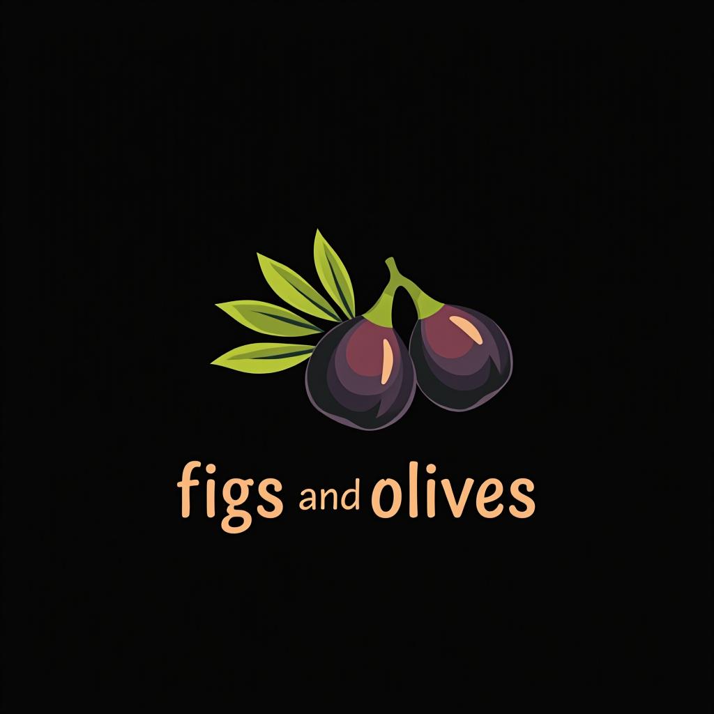  design a logo, fig leaf and olives, black background, with the text 'figs and olives'.