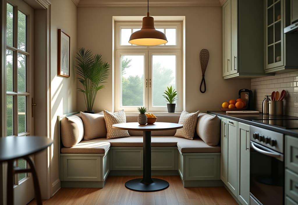  a landscape photo of a small kitchen corner transformed into a cozy breakfast nook with a built in bench, small round table, and pendant lighting, maximizing dining space hyperrealistic, full body, detailed clothing, highly detailed, cinematic lighting, stunningly beautiful, intricate, sharp focus, f/1. 8, 85mm, (centered image composition), (professionally color graded), ((bright soft diffused light)), volumetric fog, trending on instagram, trending on tumblr, HDR 4K, 8K