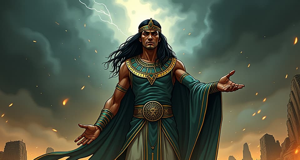  a figure with a concentrated expression, hand outreached, the storm's fury around them appearing to yield, symbolizing mastery over nature.. the style is digital art illustration / modern comic book / mysterious occult, symbolic, esoteric vibe,high detail on character design, incorporating ancient egyptian symbology and attire.