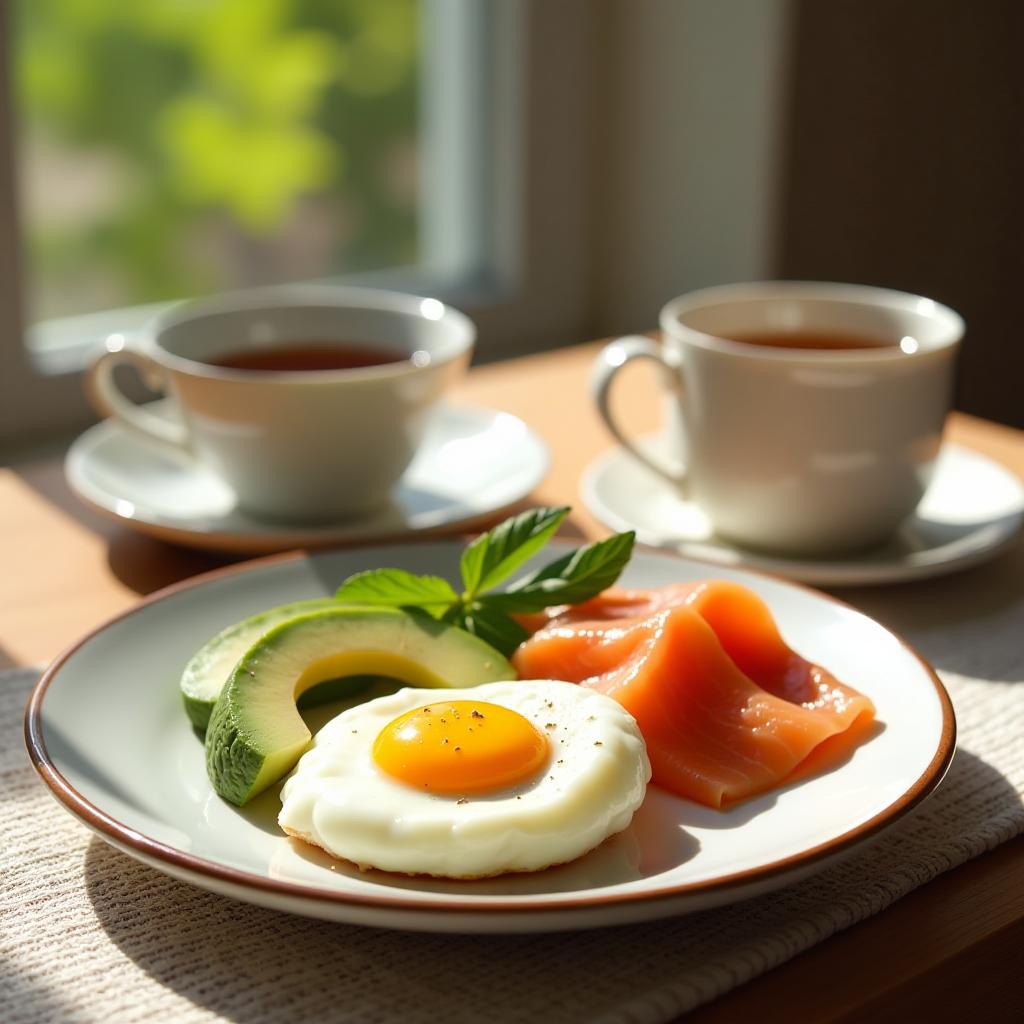  healthy breakfast with eggs, avocado, salmon and hot tea on the table sunny day {prompt}, maximum details