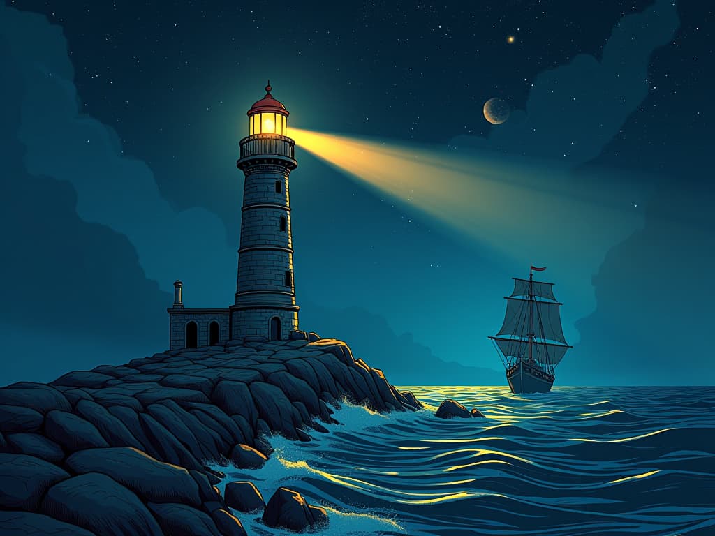  a lighthouse under a starry night, illuminating stormy waters, guiding a ship to safer shores, mood of hope and safety. the style is digital art illustration / modern comic book / mysterious occult, symbolic, esoteric vibe,high detail on character design, incorporating ancient egyptian symbology and attire.