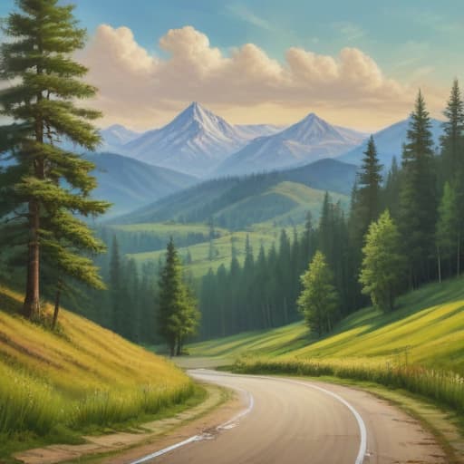 Mountains, trees, field, winding road, new car in Oil painting style with Forests background