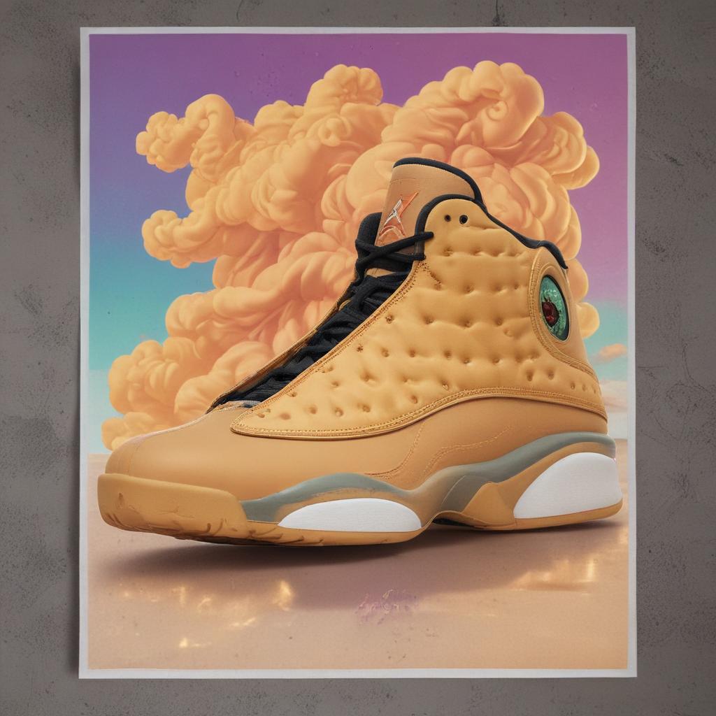 distance-shot, flashy, full-body, dynamic, holographic, animated cartoon poster of jordan 13 wheat shoes in the style of dragon ball super