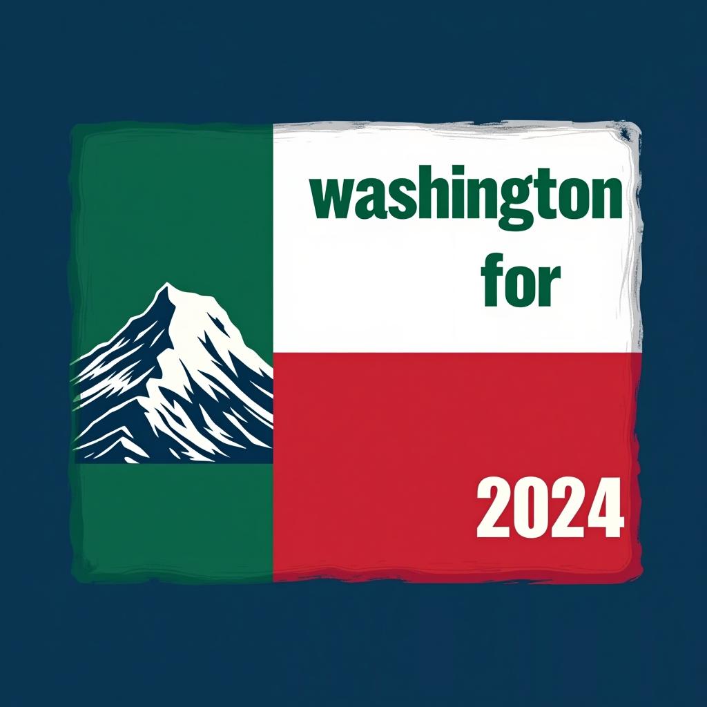  a tshirt design inspired by the washington state flag. the left side features a green vertical stripe with a large mountain in the center. the right side is divided into two horizontal sections: the top section is white with the text 'washington for' in bold, green, uppercase letters, and the bottom section is red with the text 'harris walz 2024' in bold, white, uppercase letters. the overall layout is clean and straightforward, with a clear and patriotic color scheme of blue, white, and red.