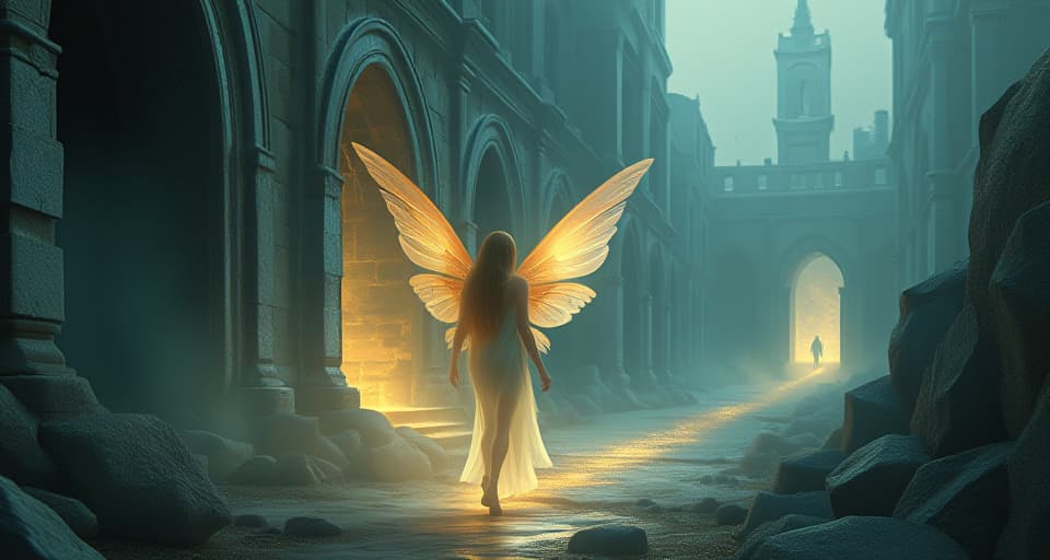  a luminous fairy, with large, glistening wings, turning away from a crumbling stone castle. her glowing path signifies the escape from a diminishing situation.. the style is digital art illustration,highly detailed, whimsical,magical, dreamlike atmosphere, realism and fantasy blend, smooth, glossy textures,luminous quality, wonder and enchantment.