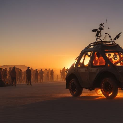 festival goers, Burning Man, elaborate costumes, vibrant body paint, futuristic googles, wild hairstyles, led accessories, desert landscape, Black Rock City, interactive fire art installation, large-scale sculptures, performance, dusk, golden hour lighting, wide-angle shot, clear sky, dust storms, surreal atmosphere, panoramic view, dynamic poses, group photo, colorful sunset, playa, dust-covered vehicles, themed camps, creative shelters, effigy burning, night time, neon lights, silhouette, long exposure. --v 6.0