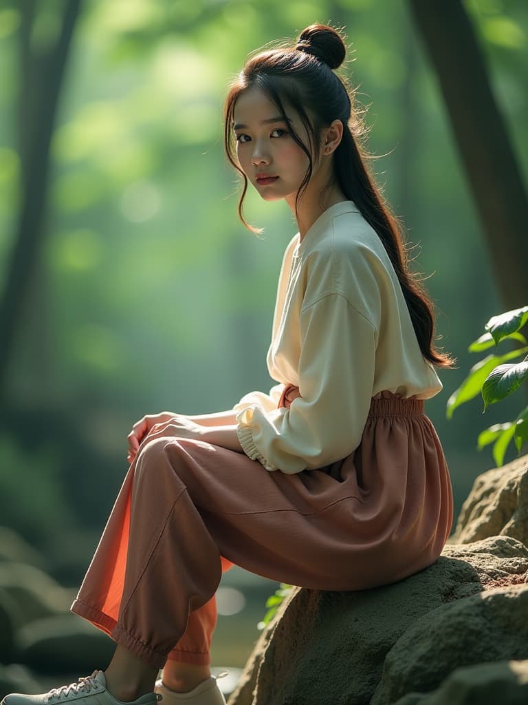  a korean girl doing with a on a rock in jungle/gen a korean girl doing with a on a rock in jungle hyperrealistic, full body, detailed clothing, highly detailed, cinematic lighting, stunningly beautiful, intricate, sharp focus, f/1. 8, 85mm, (centered image composition), (professionally color graded), ((bright soft diffused light)), volumetric fog, trending on instagram, trending on tumblr, HDR 4K, 8K