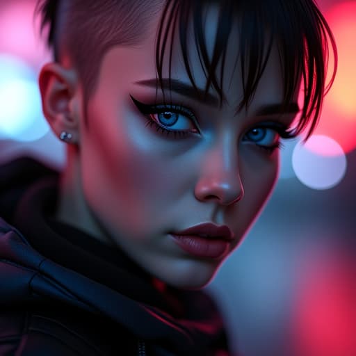  ultra realistic close up portrait ((beautiful pale cyberpunk female with heavy black eyeliner)), blue eyes, shaved side haircut, hyper detail, cinematic lighting, magic neon, dark red city, canon eos r3, nikon, f/1.4, iso 200, 1/160s, 8k, raw, unedited, symmetrical balance, in frame, 8k hyperrealistic, full body, detailed clothing, highly detailed, cinematic lighting, stunningly beautiful, intricate, sharp focus, f/1. 8, 85mm, (centered image composition), (professionally color graded), ((bright soft diffused light)), volumetric fog, trending on instagram, trending on tumblr, HDR 4K, 8K