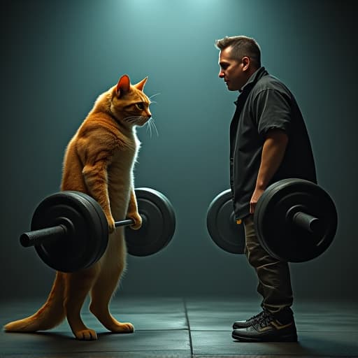  in a dimly lit underground gym, the atmosphere crackles with anticipation as hemule, the anthropomorphic light brown tabby cat with piercing green eyes, faces off against the iconic entrepreneur elon musk in a weightlifting contest. hemule, exuding rebellious charisma and edgy style, stands poised with determination, muscles tensed and ready. beside him, elon musk, with his distinctive features and determined expression, prepares for the challenge. the room is filled with the clinks of metal weights and the scent of sweat, captured in meticulous detail that blurs the line between reality and art. the lighting casts dramatic shadows, emphasizing the raw power and intensity of the moment, as these two figures, one feline and the other human,  hyperrealistic, full body, detailed clothing, highly detailed, cinematic lighting, stunningly beautiful, intricate, sharp focus, f/1. 8, 85mm, (centered image composition), (professionally color graded), ((bright soft diffused light)), volumetric fog, trending on instagram, trending on tumblr, HDR 4K, 8K