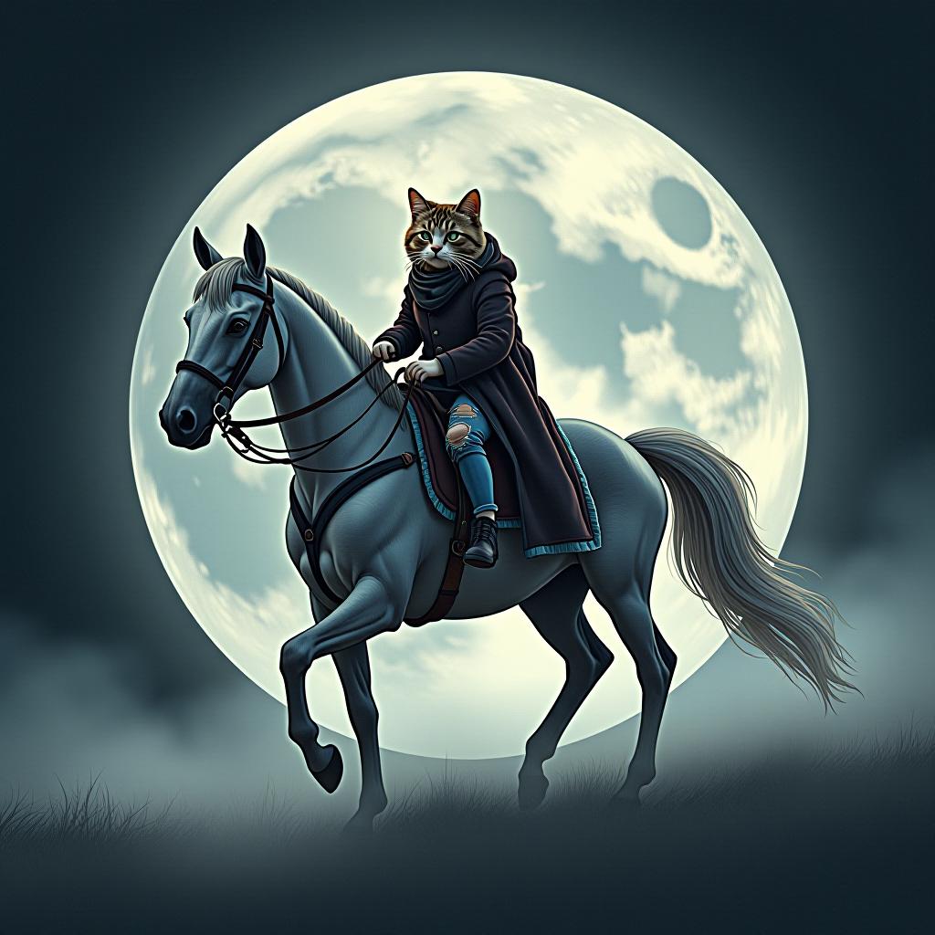  a cat riding a horse, hand drawn, on the moon, studio light, hdr 4k hyperrealistic, full body, detailed clothing, highly detailed, cinematic lighting, stunningly beautiful, intricate, sharp focus, f/1. 8, 85mm, (centered image composition), (professionally color graded), ((bright soft diffused light)), volumetric fog, trending on instagram, trending on tumblr, HDR 4K, 8K