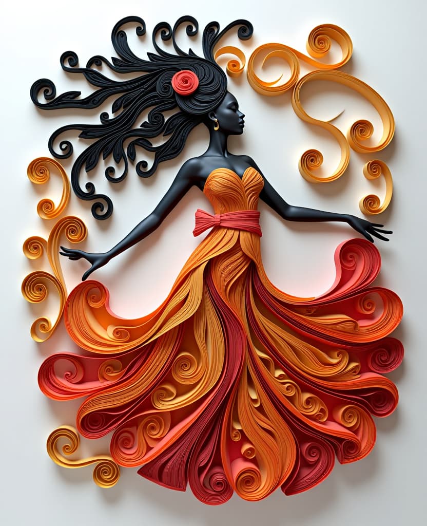  paper quilling art of dark skinned african with japanese accent in hip dance . intricate, delicate, curling, rolling, shaping, coiling, loops, 3d, dimensional, ornamental hyperrealistic, full body, detailed clothing, highly detailed, cinematic lighting, stunningly beautiful, intricate, sharp focus, f/1. 8, 85mm, (centered image composition), (professionally color graded), ((bright soft diffused light)), volumetric fog, trending on instagram, trending on tumblr, HDR 4K, 8K