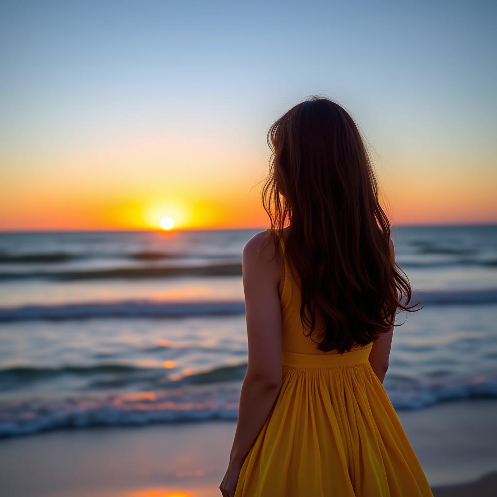  a picture of a brunette girl in a beautiful yellow dress standing by the sea and looking at the sunset.