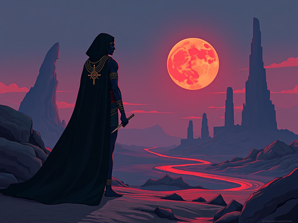  desolate egyptian landscape, remnants of ancient ruins, twilight sky, atmosphere of despair. the style is digital art illustration / modern comic book / mysterious occult, symbolic, esoteric vibe,high detail on character design, incorporating ancient egyptian symbology and attire.