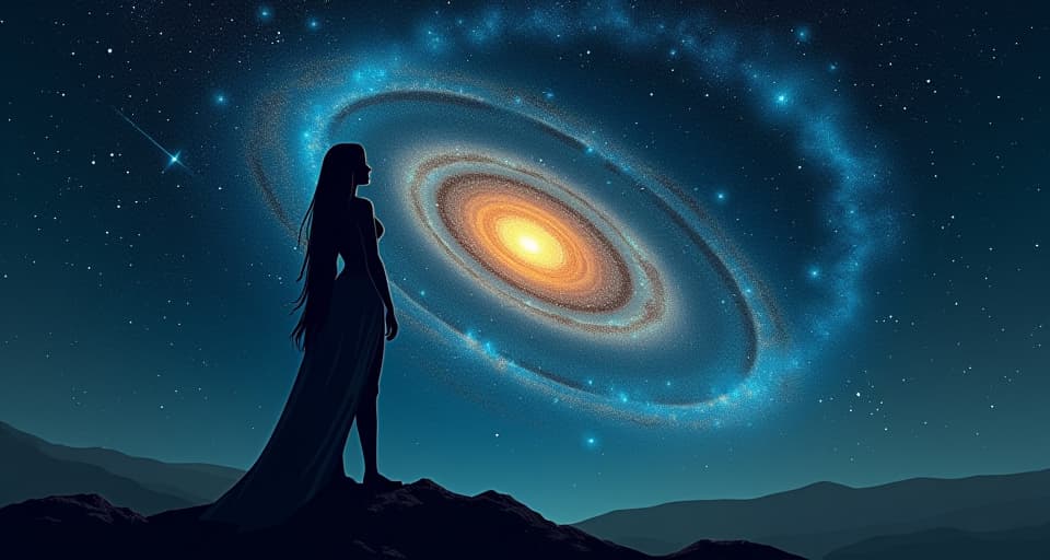  a starry night sky illuminated by a spiral galaxy, with the faint silhouette of a large busted goddess in tight attire whispering amidst the constellations, embodying the universe itself.. the style is digital art illustration / modern comic book / mysterious occult, symbolic, esoteric vibe,high detail on character design, incorporating ancient egyptian symbology and attire.