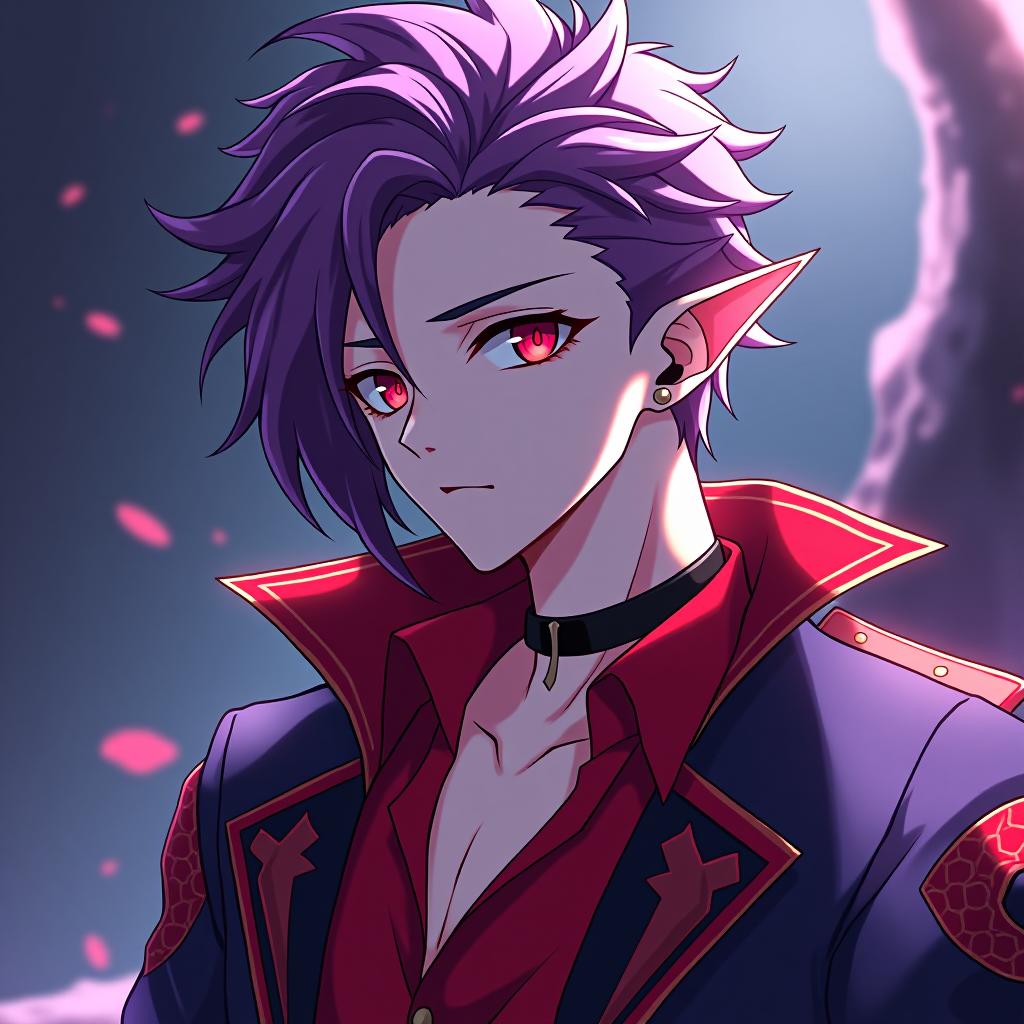  anime artwork dark elf male rock performer marble white skin, purple scarlet hair, lavender eyes with a red tint, dressed in a red purple shirt embroidered with red gold, over the shirt he wears a jacket with a dark scarlet snake skin trim, hairstyle in the style of "hedgehog". there is an earring in the shape of a month in the right ear. crescent moon tattoo . anime style, key visual, vibrant, studio anime, highly detailed hyperrealistic, full body, detailed clothing, highly detailed, cinematic lighting, stunningly beautiful, intricate, sharp focus, f/1. 8, 85mm, (centered image composition), (professionally color graded), ((bright soft diffused light)), volumetric fog, trending on instagram, trending on tumblr, HDR 4K, 8K