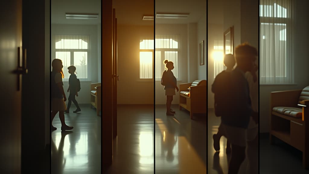  multiple split screen views of students preparing for school in the hoom, contrasting moods, soft morning light, source filmmaker, 4k, early autumn at 6:30 am