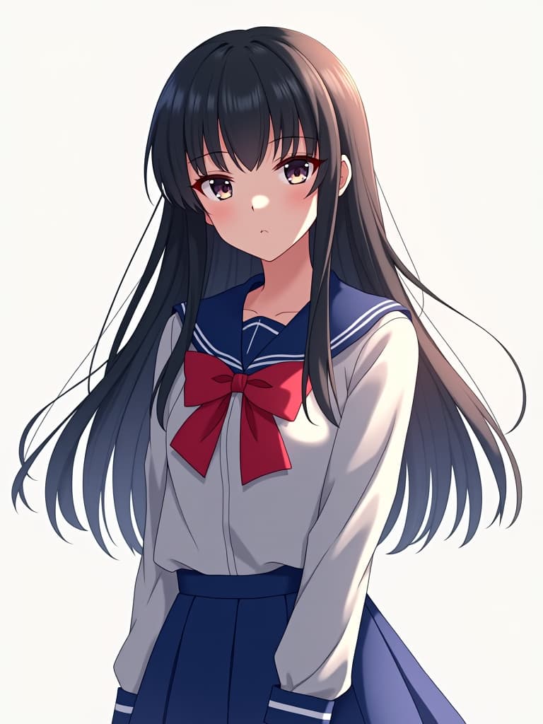  anime, 1girl, solo, black hair, long hair, bangs, hair between eyes, eyebrows visible through hair, looking at viewer, white shirt, serafuku, red bow, red bowtie, blue sailor collar, sailor collar, bowtie, long sleeves, blue skirt, pleated skirt, simple backgroundbest quality, amazing quality, very aesthetic, absurdres hyperrealistic, full body, detailed clothing, highly detailed, cinematic lighting, stunningly beautiful, intricate, sharp focus, f/1. 8, 85mm, (centered image composition), (professionally color graded), ((bright soft diffused light)), volumetric fog, trending on instagram, trending on tumblr, HDR 4K, 8K