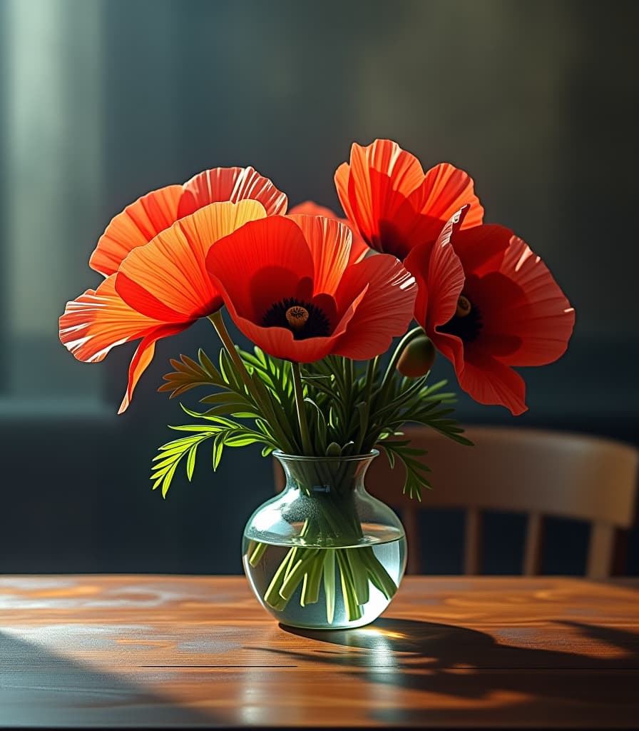  long exposure photo of masterpiece. (beautiful red poppy flowers on a beautiful antique table in a glass vase:1.5). painting. watercolor, sweat, stains. highly detailed strokes. . blurred motion, streaks of light, surreal, dreamy, ghosting effect, highly detailed hyperrealistic, full body, detailed clothing, highly detailed, cinematic lighting, stunningly beautiful, intricate, sharp focus, f/1. 8, 85mm, (centered image composition), (professionally color graded), ((bright soft diffused light)), volumetric fog, trending on instagram, trending on tumblr, HDR 4K, 8K