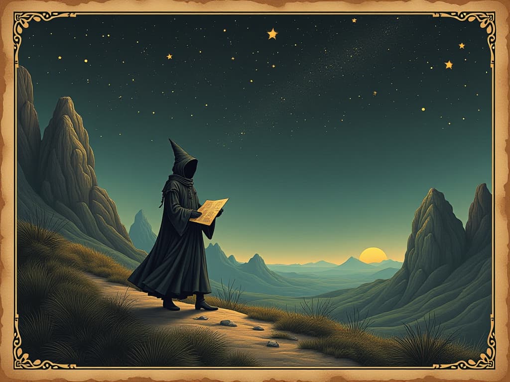  a lone explorer in otherworldly attire, walking through a starlit landscape, holding an ancient map, cosmic quest, timeless realms adventure, journey through existence. an illustration in the style of a worn, mystical old tarot trump card, mysterious and elements of surrealism. the colors are muted, somber and eerie, but with contrast bring out an occult and esoteric vibe.