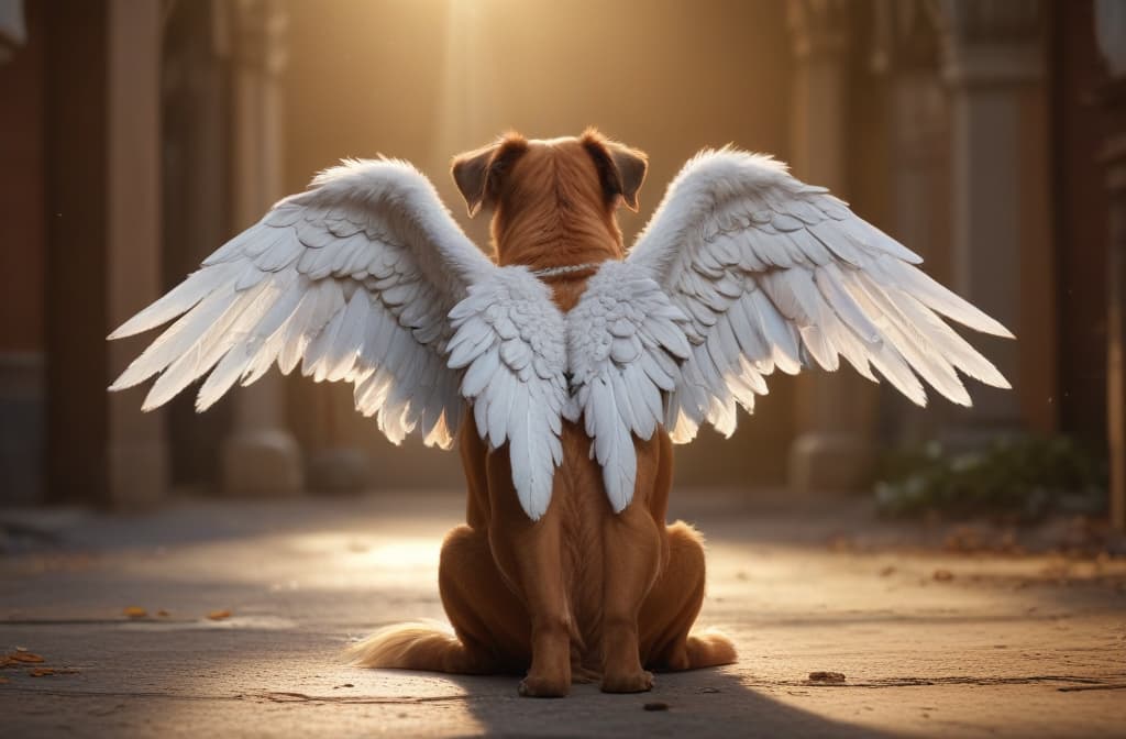 A dog with angel wings sits with his back to the viewer --ar 3:2 high quality, detailed intricate insanely detailed, flattering light, RAW photo, photography, photorealistic, ultra detailed, depth of field, 8k resolution , detailed background, f1.4, sharpened focus