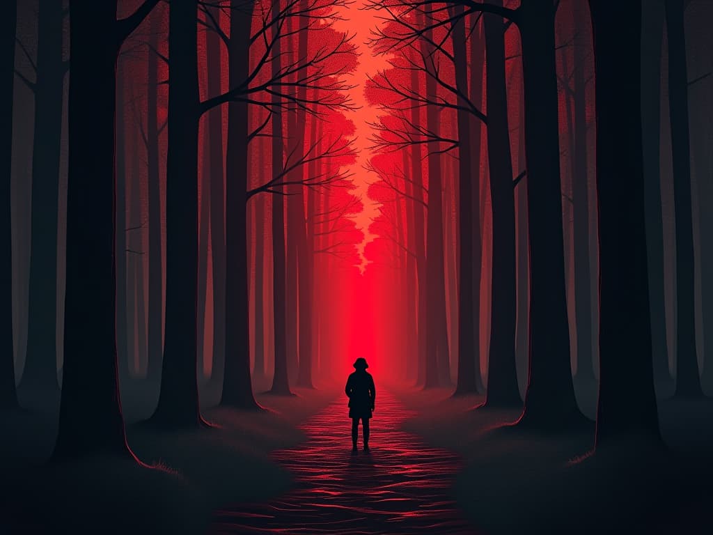  path diverging in dark forest, figure standing at crossroads, feeling of misalignment and uncertainty. the style is digital art illustration / modern comic book / graphic dark novel fantasy and mysterious occult, symbolic, moody lighting, esoteric vibe,high detail on character design. for the color scheme emphasize blacks and reds.