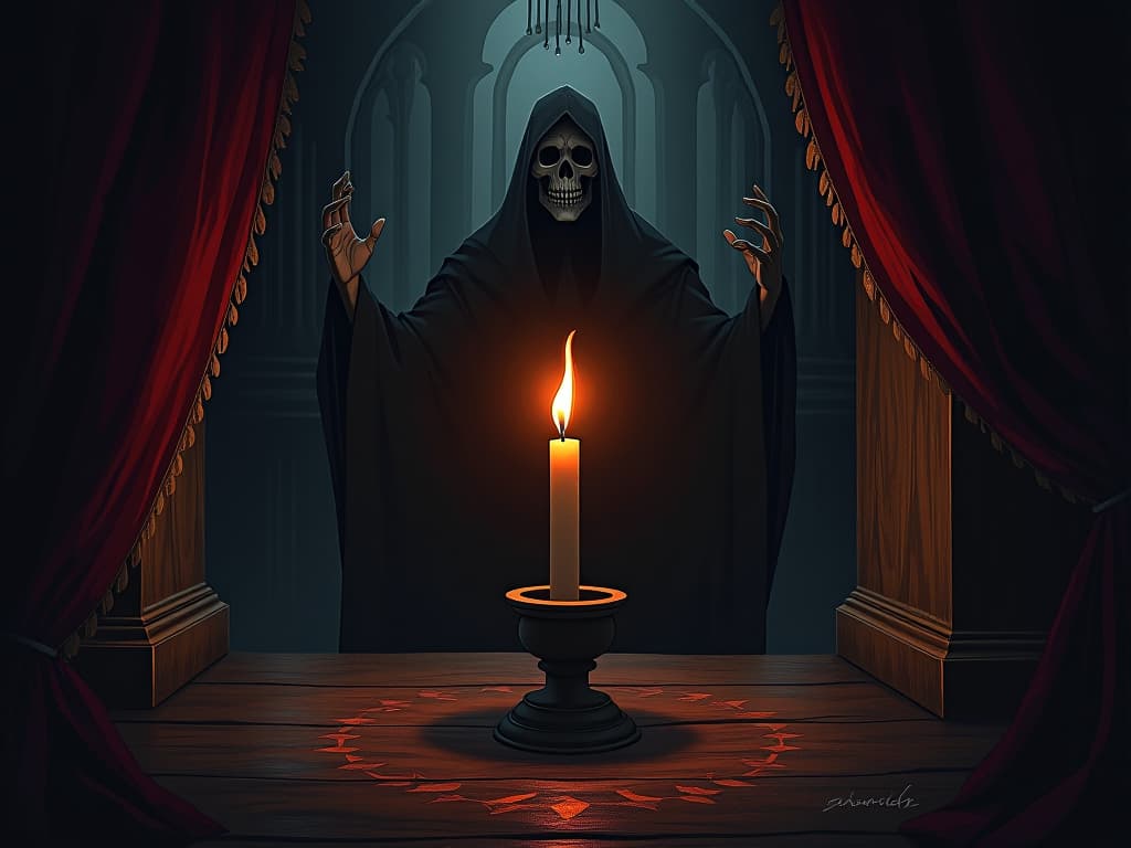  a flickering candle illuminating a dark room, sense of guidance, inspiration.. the style is dark fantasy and mysterious occult, symbolic, moody lighting, esoteric vibe,high detail on character design. for the color scheme emphasize blacks and reds.