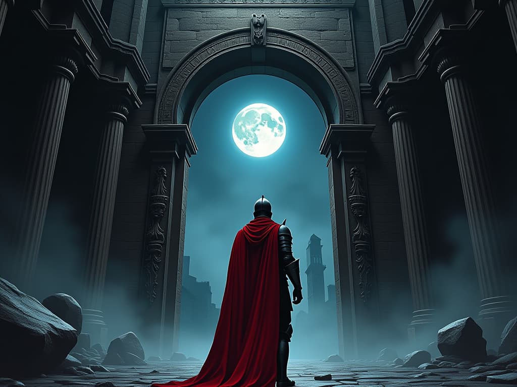  knight in red armor, standing before a grand ancient portal, moonlight illuminating intricate carvings, air of momentous potential. the style is digital art illustration / modern comic book / graphic dark novel fantasy and mysterious occult, symbolic, moody lighting, esoteric vibe,high detail on character design. for the color scheme emphasize blacks and reds.