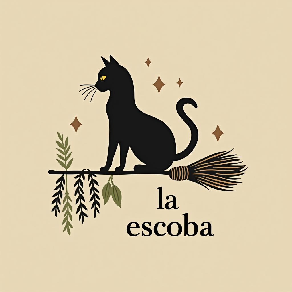  design a logo, in a minimalism style. witchy, black cat riding on a broom, dried herbs hanging off broom, cottage core aesthetic, crystals,spells, with the text 'la escoba'.