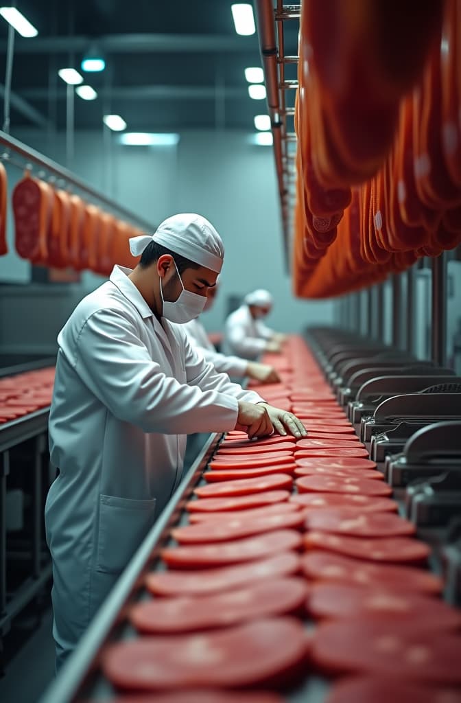  { "prompt": "a large, modern meat production factory where salami and jambon (ham) are being processed. the scene includes workers wearing protective uniforms slicing salami and jambon with industrial grade cutting machines. conveyor belts move the meats along for packaging. the factory floor is clean and organized, with stainless steel equipment and racks displaying hanging cured meats like salami and jambon. the focus is on the high quality production and packaging of these meats.", "size": "1024x1024" } hyperrealistic, full body, detailed clothing, highly detailed, cinematic lighting, stunningly beautiful, intricate, sharp focus, f/1. 8, 85mm, (centered image composition), (professionally color graded), ((bright soft diffused light)), volumetric fog, trending on instagram, trending on tumblr, HDR 4K, 8K