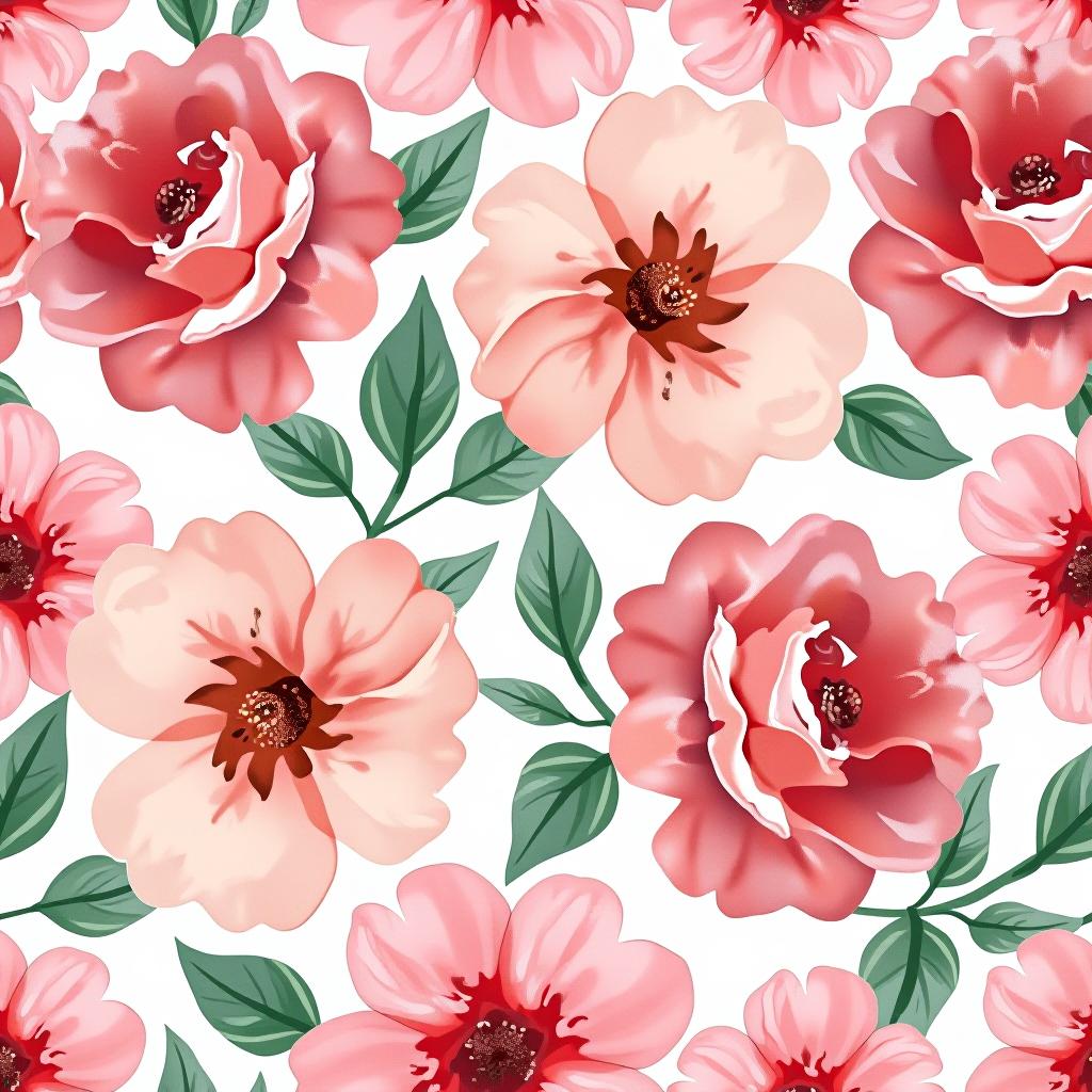  create a seamless digital design featuring a pattern of large, beautiful flowers with soft, watercolor like effects. the flowers should cover the entire surface, creating a bold, elegant, and continuous look. the overall style should be light and airy, with delicate leaves and petals to enhance the natural, floral theme. the design should be seamless to ensure it can be used in repeating patterns or wraps.