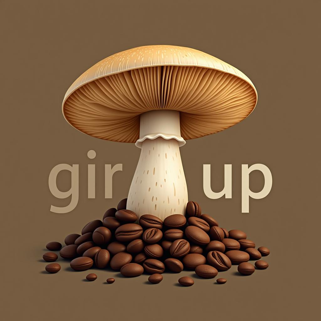  design a logo, oyster mushroom growing on coffe browns, with the text 'girgol up'.