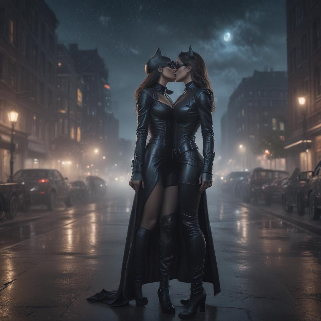 ((masterpiece)),(((best quality))), 8k, high detailed, ultra detailed, Cat Woman kiss, intense passion, night sky, glowing eyes, secret rendezvous hyperrealistic, full body, detailed clothing, highly detailed, cinematic lighting, stunningly beautiful, intricate, sharp focus, f/1. 8, 85mm, (centered image composition), (professionally color graded), ((bright soft diffused light)), volumetric fog, trending on instagram, trending on tumblr, HDR 4K, 8K