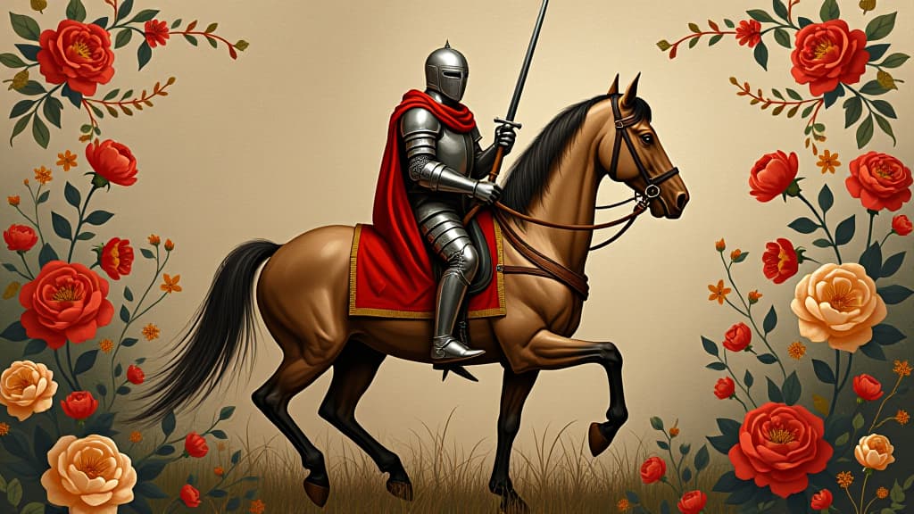  medieval style painting illustration of a knight on his horse against a floral background