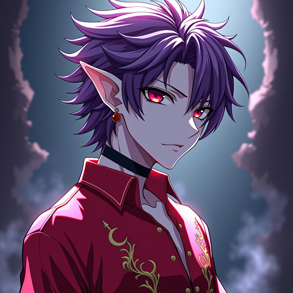  manga style dark elf male rock performer marble white skin, purple scarlet hair, lavender eyes with a red tint, dressed in a red violet shirt embroidered with red gold over the shirt wears , hairstyle in the style of hedgehog hair. an earring in ear, in the shape of a month. the crescent moon tattoo . vibrant, high energy, detailed, iconic, japanese comic style hyperrealistic, full body, detailed clothing, highly detailed, cinematic lighting, stunningly beautiful, intricate, sharp focus, f/1. 8, 85mm, (centered image composition), (professionally color graded), ((bright soft diffused light)), volumetric fog, trending on instagram, trending on tumblr, HDR 4K, 8K