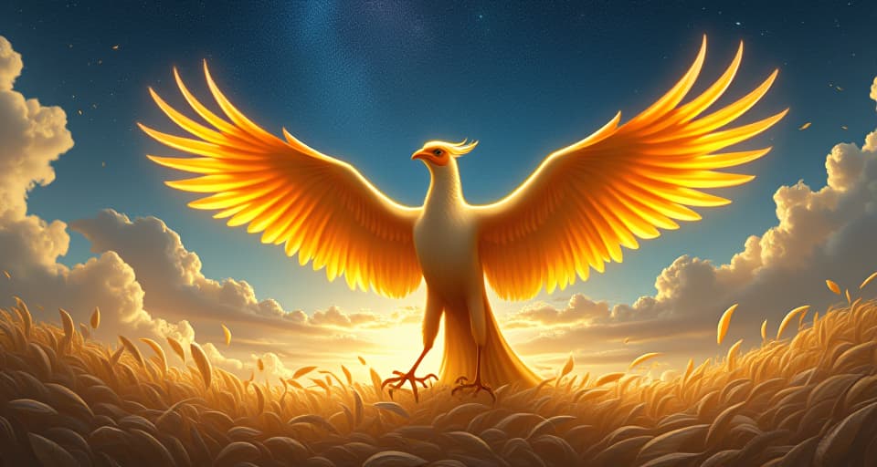  a majestic phoenix rising from a bed of golden feathers, its wings outstretched toward the celestial sky, embodying preparation for destiny.. the style is digital art illustration,highly detailed, whimsical,magical, dreamlike atmosphere, realism and fantasy blend, smooth, glossy textures,luminous quality, wonder and enchantment.