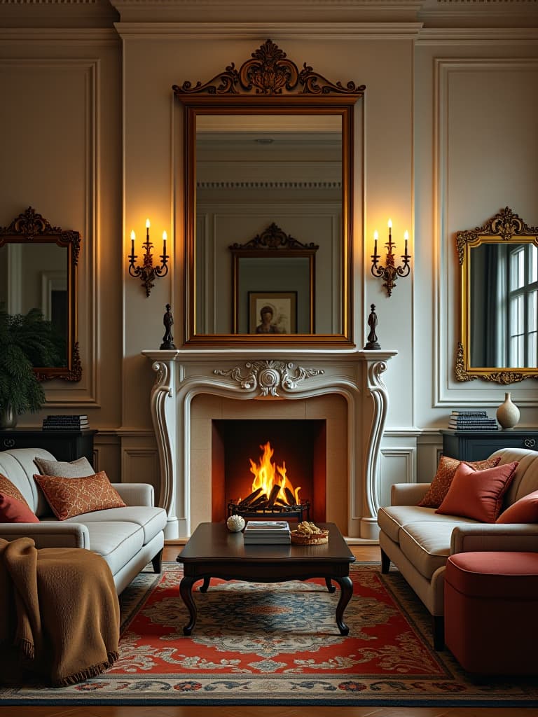  high quality portrait photo of an elegant fireplace in a classic living room, adorned with a large mirror, symmetrical decor, and comfortable seating arranged around it hyperrealistic, full body, detailed clothing, highly detailed, cinematic lighting, stunningly beautiful, intricate, sharp focus, f/1. 8, 85mm, (centered image composition), (professionally color graded), ((bright soft diffused light)), volumetric fog, trending on instagram, trending on tumblr, HDR 4K, 8K