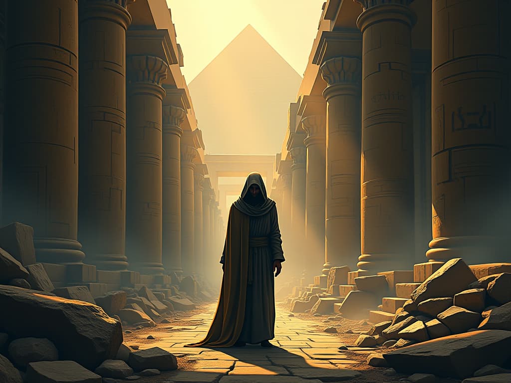  a solitary egyptian priest, standing amidst the ruins of an ancient temple, head bowed, tattered robes, shadows enveloping him, embodying hollow exhaustion. the style is digital art illustration / modern comic book / mysterious occult, symbolic, esoteric vibe,high detail on character design, incorporating ancient egyptian symbology and attire.